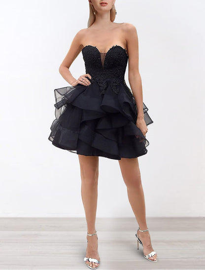 A-Line Homecoming Dresses Corsets Dress Cocktail Party Birthday Short / Mini Sleeveless Strapless Organza with Ruffles Appliques