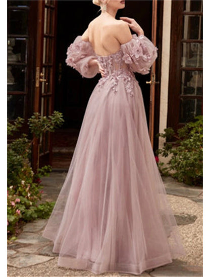 A-Line Prom Dresses Corsets Dress Formal Evening Party Court Train Long Sleeve Strapless Tulle with Appliques