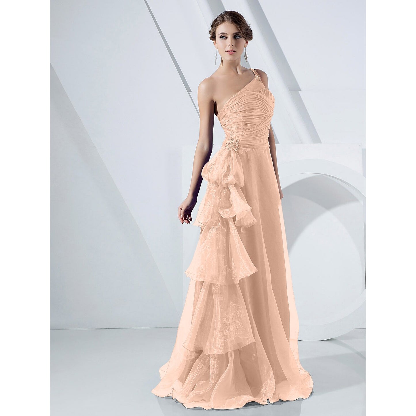 A-Line Elegant Dress Formal Evening Floor Length Sleeveless One Shoulder Organza with Side Draping Cascading Ruffles