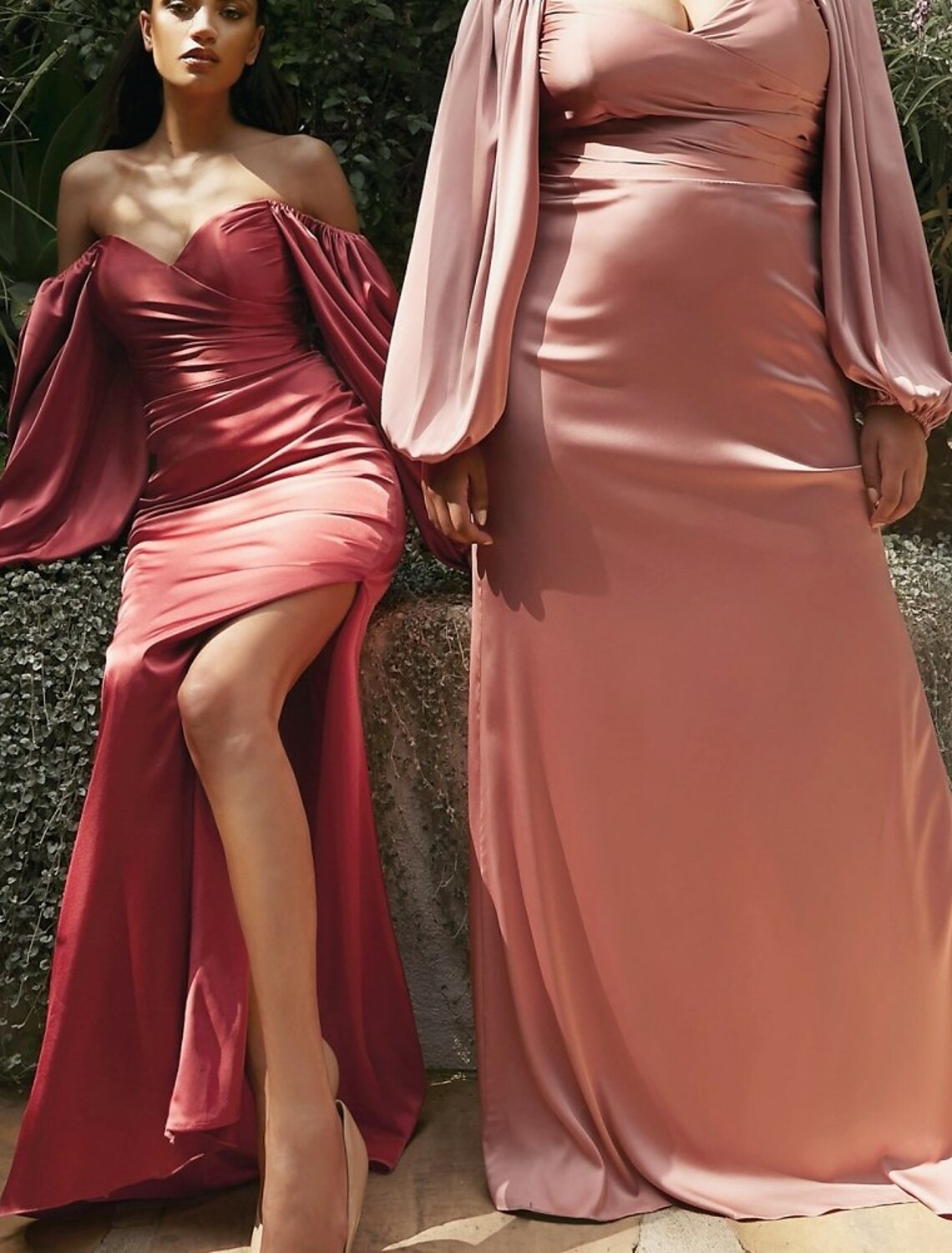 Mermaid / Trumpet Bridesmaid Dress Off Shoulder Long Sleeve Pink Floor Length Chiffon / Satin with Split Front / Ruching