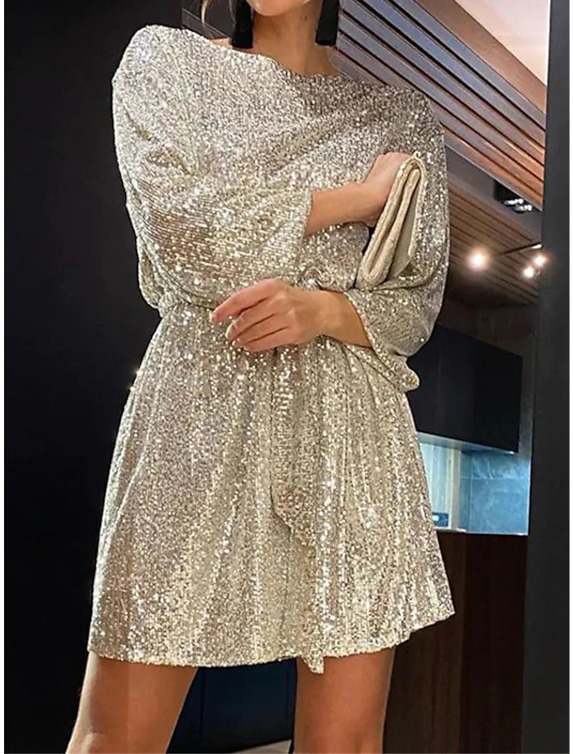 Women‘s Sequin Dress Party Dress Sparkly Dress Black Dress Homecoming Cocktail Dress Mini Dress Silver White Long Sleeve Sparkly Glitter Lace up Winter Dress