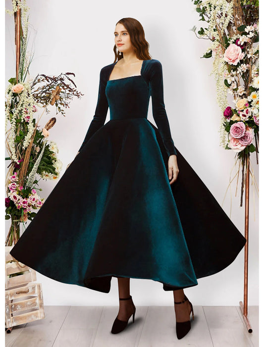 Ball Gown Evening Gown Vintage Dress Prom Formal Evening Ankle Length Long Sleeve Square Neck Velvet with Pure