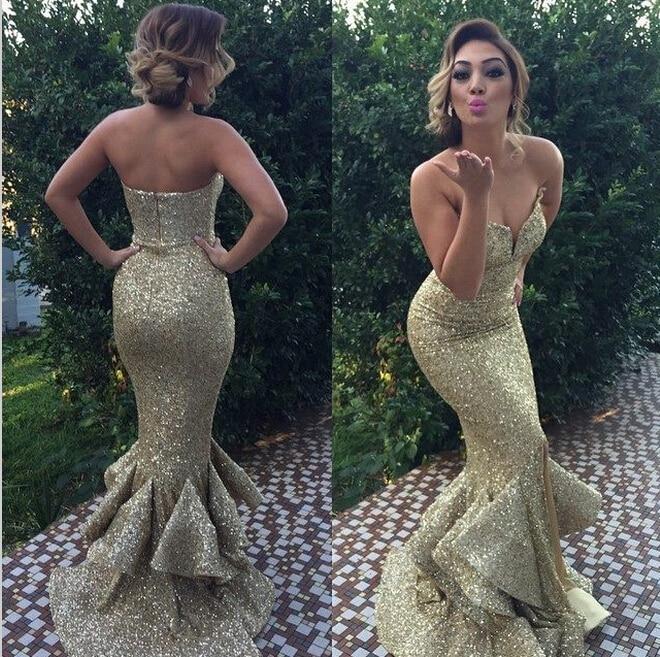 long gold sequin sparkle mermaid charming sweetheart prom dress