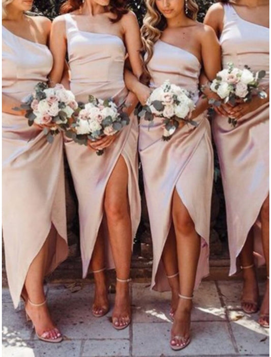 Sheath / Column Bridesmaid Dress One Shoulder Sleeveless Elegant Ankle Length Charmeuse with Split Front / Ruching