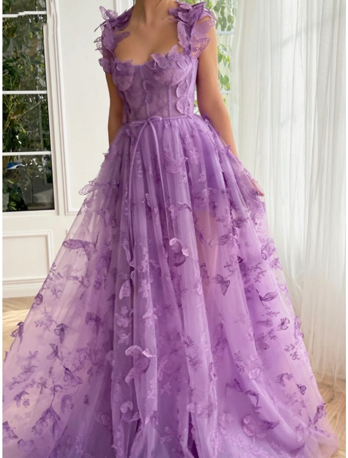 A-Line Prom Dresses Elegant Dress Formal Sweep / Brush Train Sleeveless Square Neck Tulle with Pleats Slit Appliques 3D Butterflies Dress
