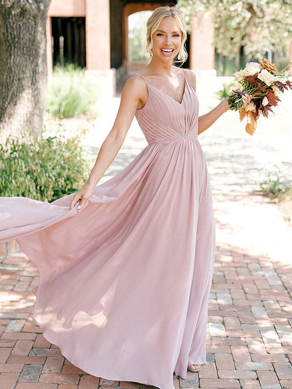 A-Line/Princess Chiffon Ruched V-neck Sleeveless Floor-Length Bridesmaid Dresses