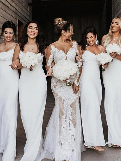 Sheath/Column Chiffon Ruched Spaghetti Straps Sleeveless Floor-Length Bridesmaid Dresses