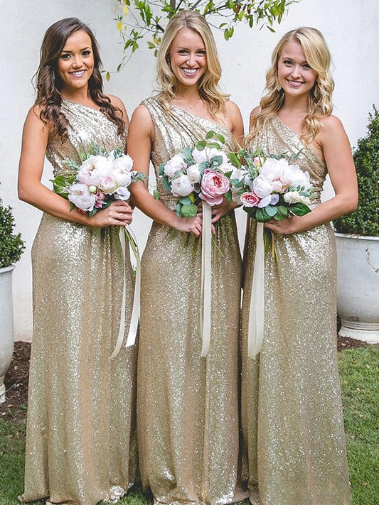 A-Line/Princess Sequins Ruched One-Shoulder Sleeveless Sweep/Brush Train Bridesmaid Dresses