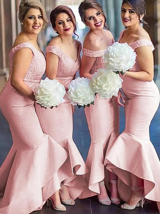 Trumpet/Mermaid Stretch Crepe Lace Off-the-Shoulder Sleeveless Asymmetrical Bridesmaid Dresses