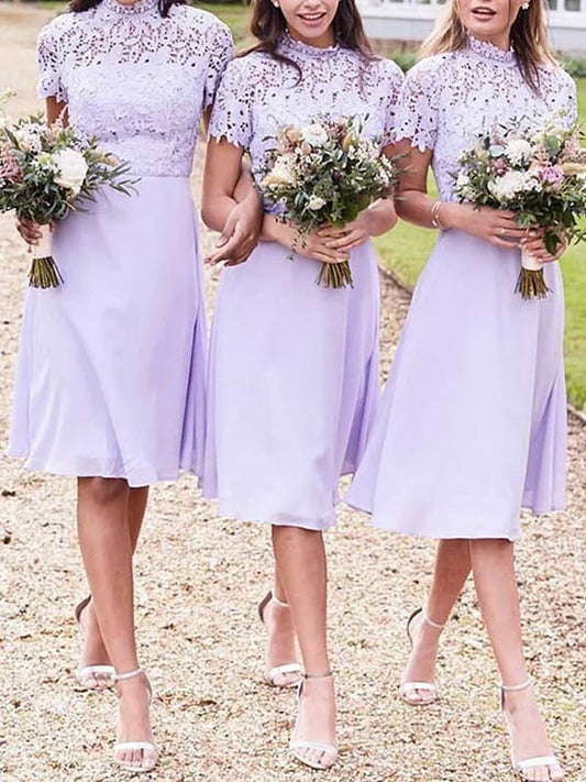 A-Line/Princess Chiffon Lace High Neck Short Sleeves Knee-Length Bridesmaid Dresses