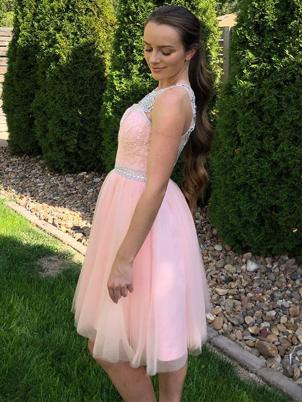 A-Line/Princess Scoop Tulle Sleeveless Beading Short/Mini Homecoming Dresses