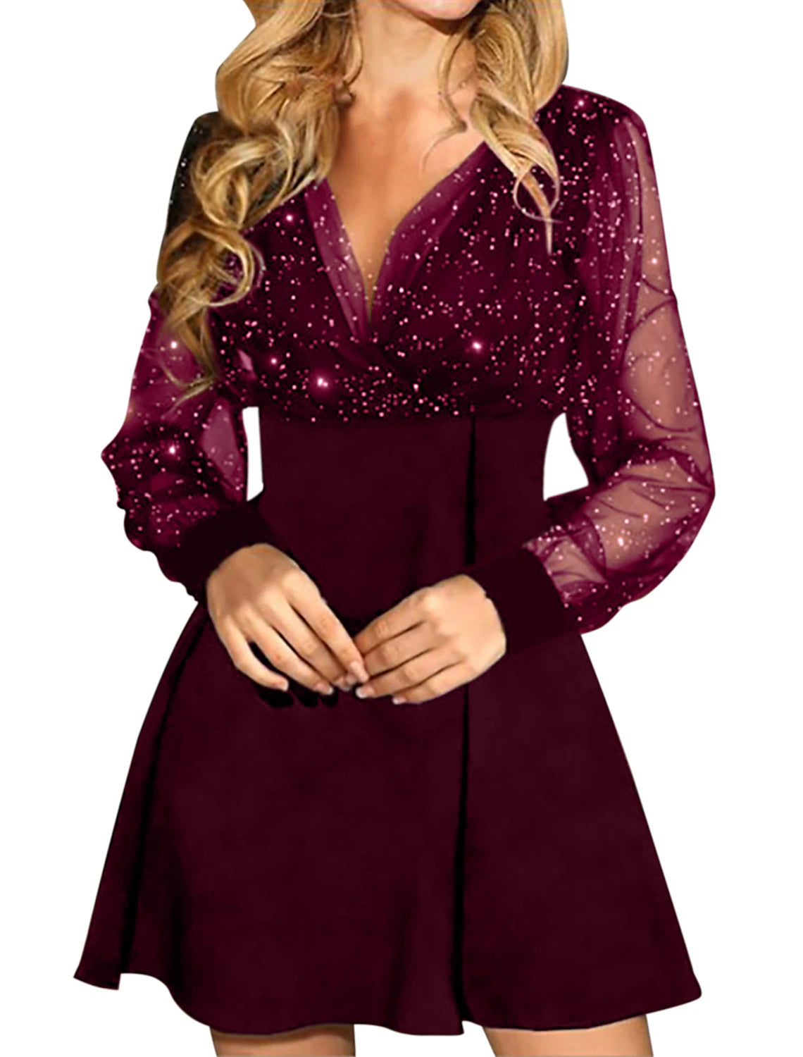 Women's Black Dress Christmas Party Dress Homecoming Dress Mini Dress Black Wine Blue Long Sleeve Pure Color Mesh Spring Fall Winter V Neck Fashion Winter Dress Wedding Guest