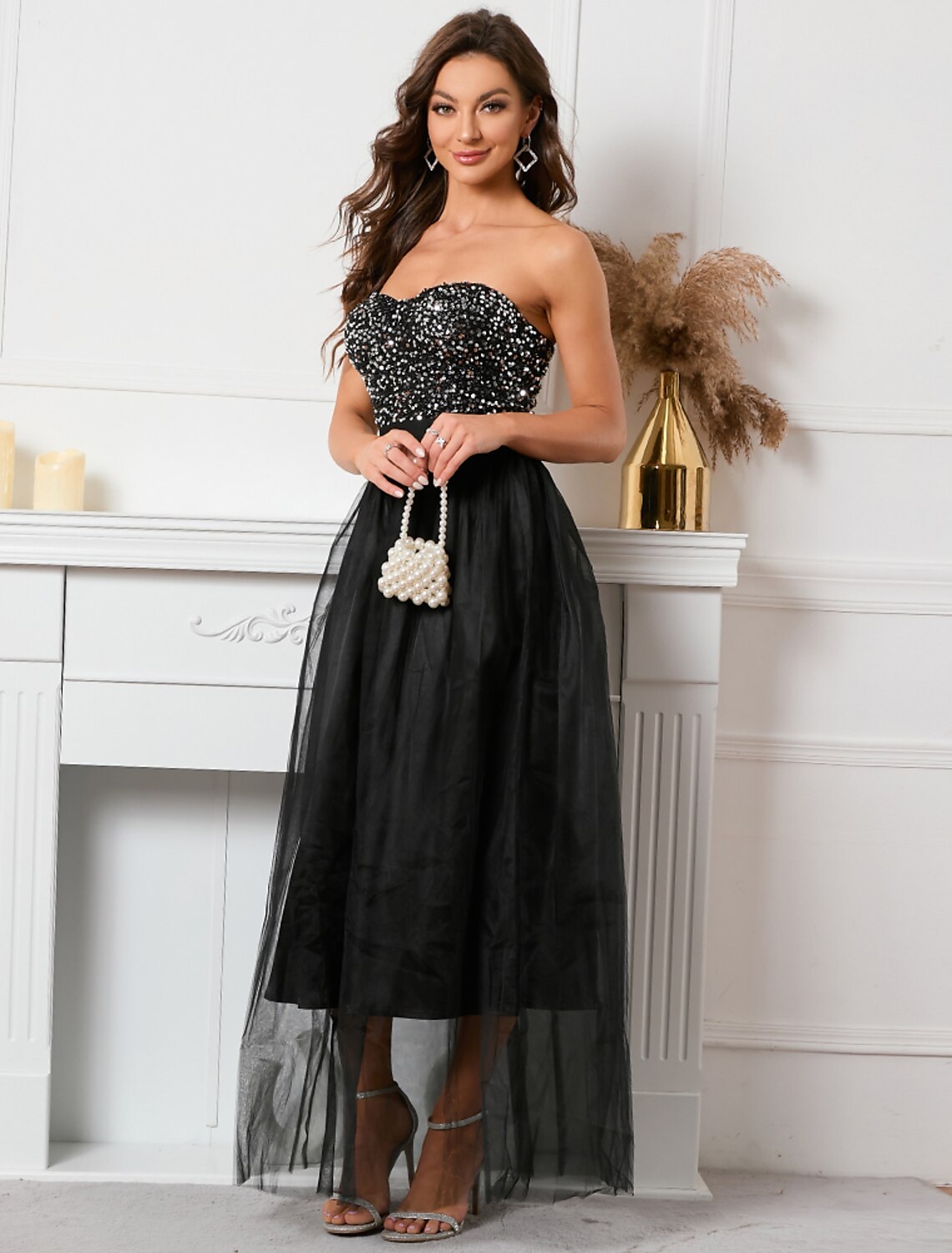 A-Line Party Dresses Sparkle & Shine Dress Holiday Floor Length Sleeveless Strapless Sequined with Sequin