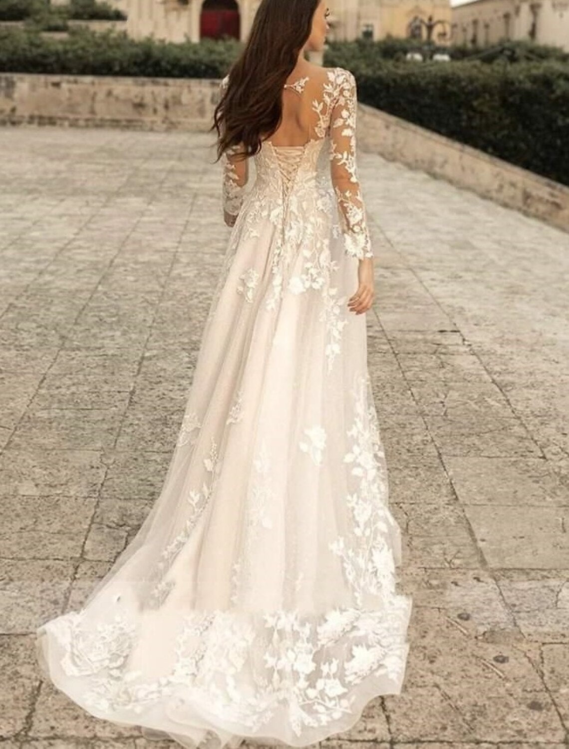 Beach Formal Wedding Dresses A-Line V Neck Long Sleeve Sweep / Brush Train Lace Bridal Gowns With Flower Solid Color