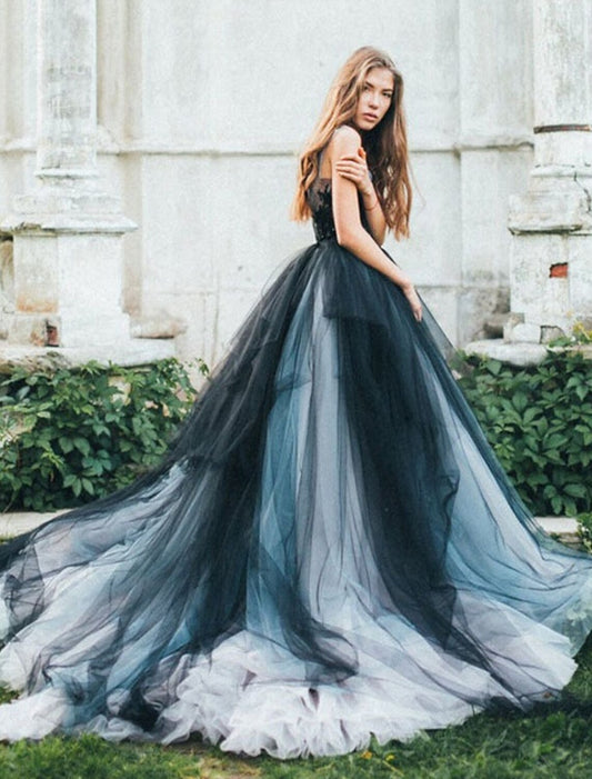Ball Gown Black Wedding Dress Gothic Quinceanera Dresses Color Block Dress Sweep / Brush Train Sleeveless V Neck Tulle V Back with Pleats Appliques