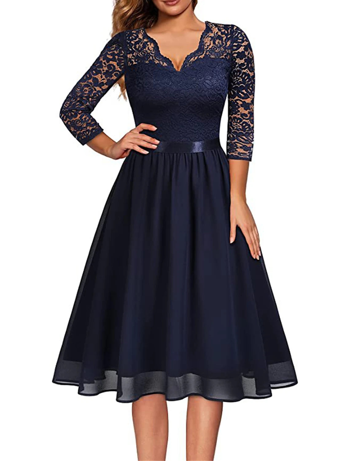 Women's Party Dress Lace Dress Homecoming Dress Midi Dress Black Wine Navy Blue Half Sleeve Pure Color Lace Spring Fall Winter V Neck Fashion Wedding Guest Birthday Vacation