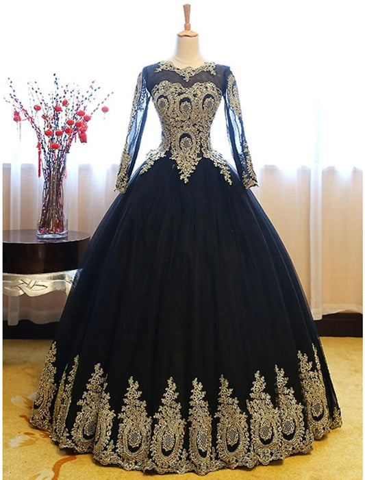Ball Gown Prom Black Dress Vintage Dress Halloween Floor Length Long Sleeve Jewel Neck Lace with Appliques