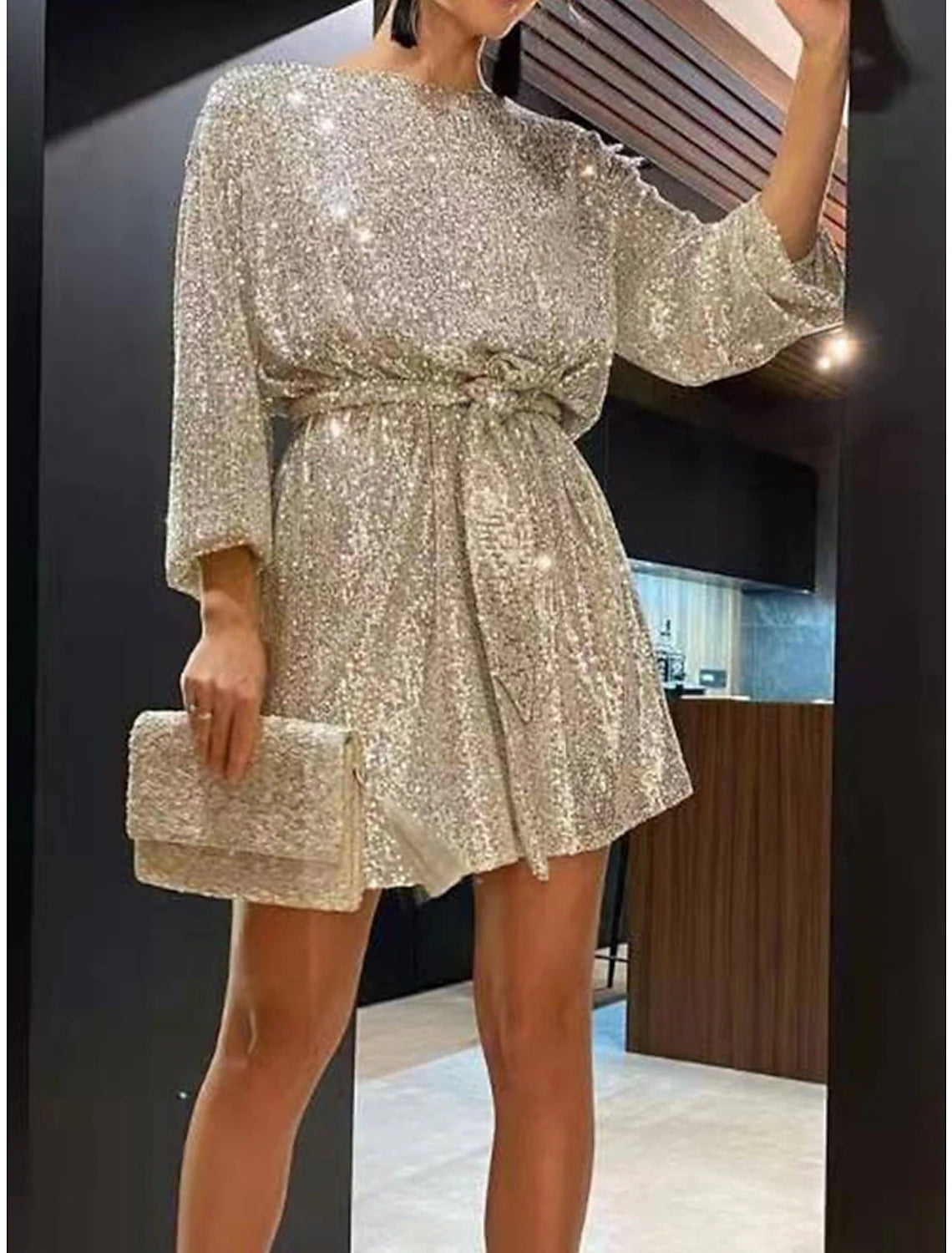 Women‘s Sequin Dress Party Dress Sparkly Dress Black Dress Homecoming Cocktail Dress Mini Dress Silver White Long Sleeve Sparkly Glitter Lace up Winter Dress