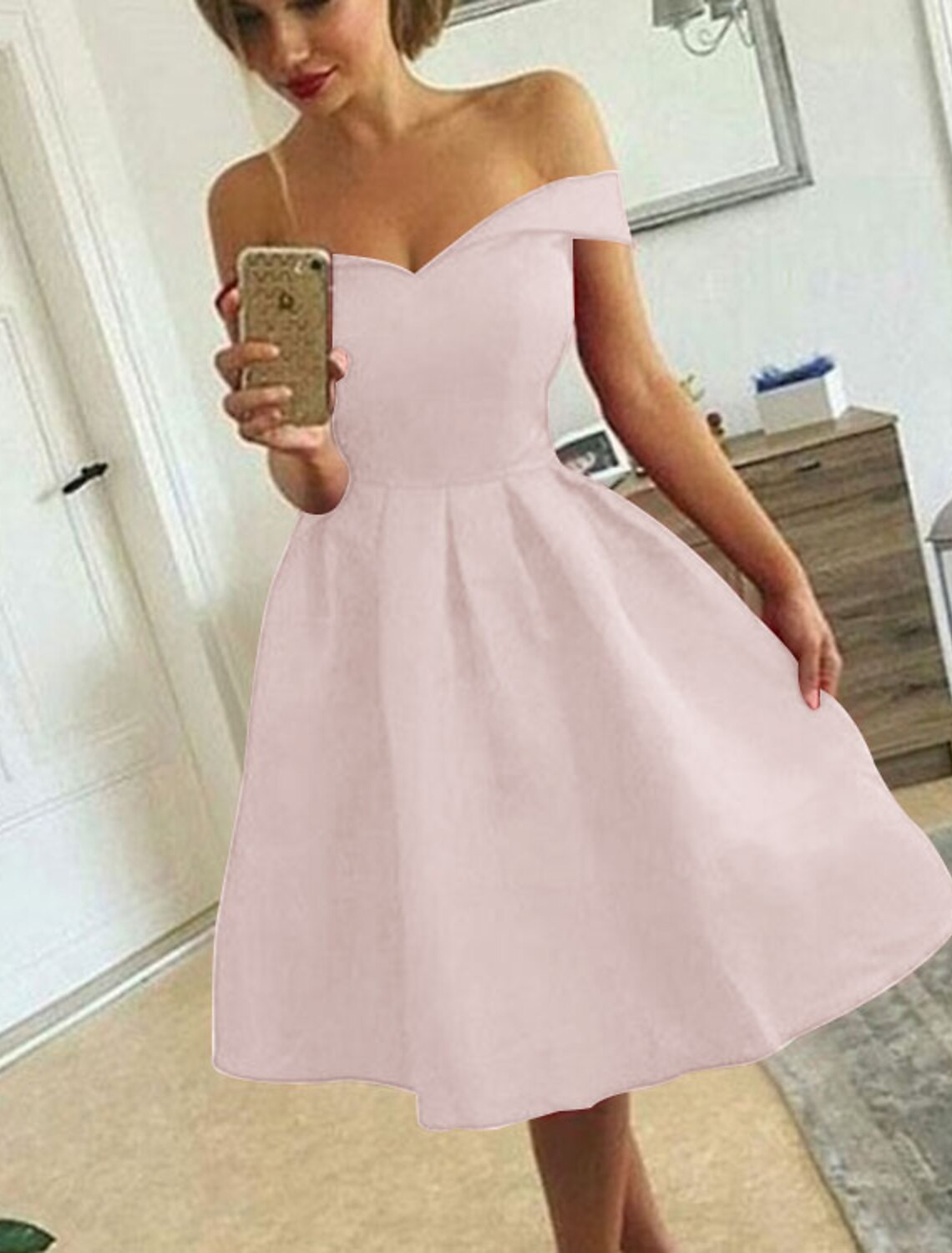 A-Line Vintage Sexy Homecoming Cocktail Party Dress Off Shoulder Sleeveless Knee Length Satin with Sleek