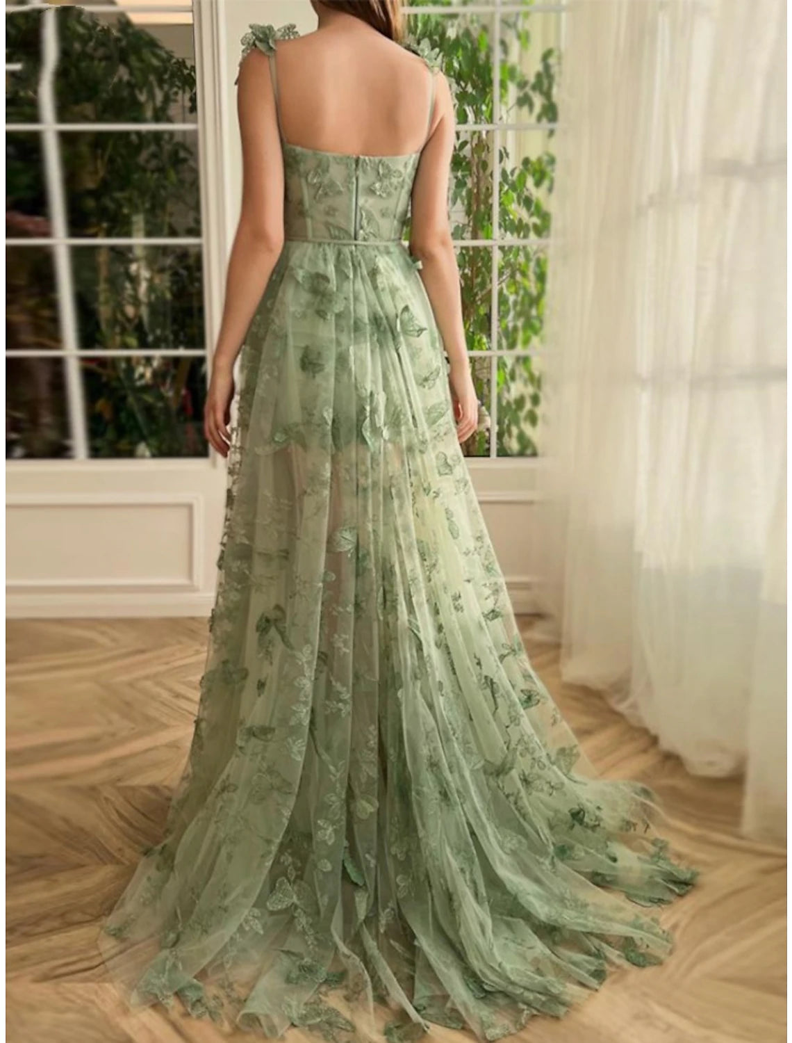 A-Line Prom Dresses Elegant Dress Formal Sweep / Brush Train Sleeveless Square Neck Tulle with Pleats Slit Appliques 3D Butterflies Dress