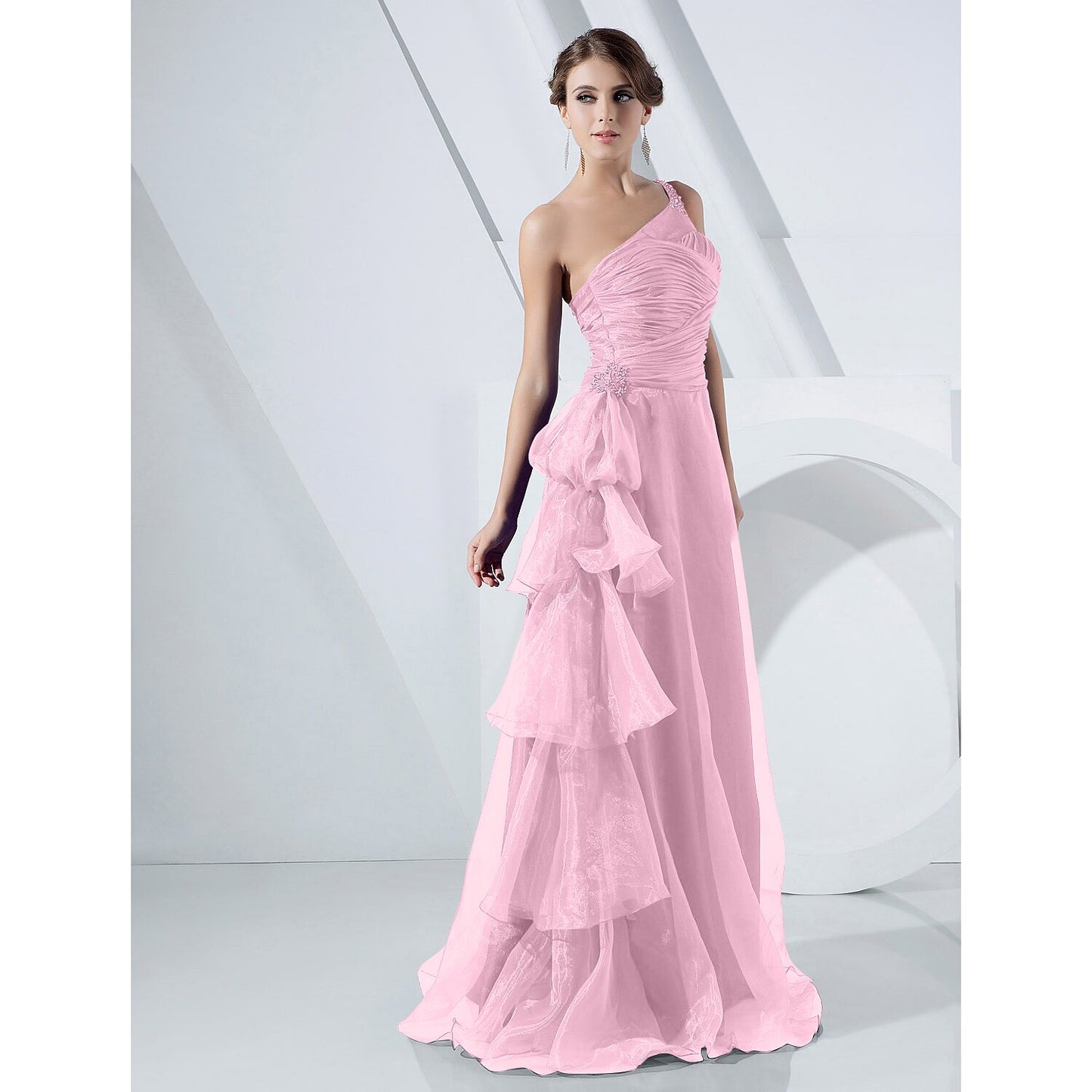 A-Line Elegant Dress Formal Evening Floor Length Sleeveless One Shoulder Organza with Side Draping Cascading Ruffles