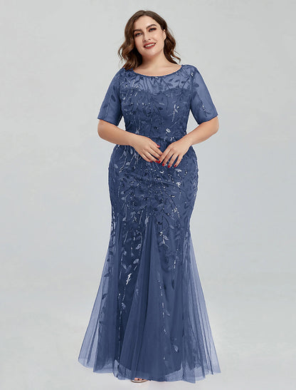 Mermaid / Trumpet Evening Gown Empire Dress Wedding Guest Formal Evening Floor Length Short Sleeve Jewel Neck Bridesmaid Dress Tulle with Embroidery