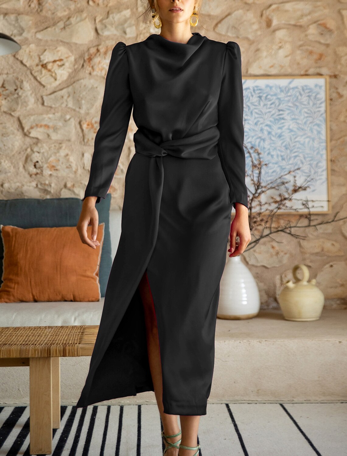 Sheath / Column Wedding Guest Dresses Minimalist Dress Party Wear Semi Formal Ankle Length 3/4 Length Sleeve High Neck Satin with Ruched Slit