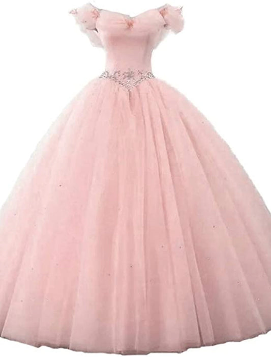 Ball Gown Prom Dresses Princess Dress Graduation Quinceanera Floor Length Sleeveless Off Shoulder Tulle with Pearls Beading Butterfly