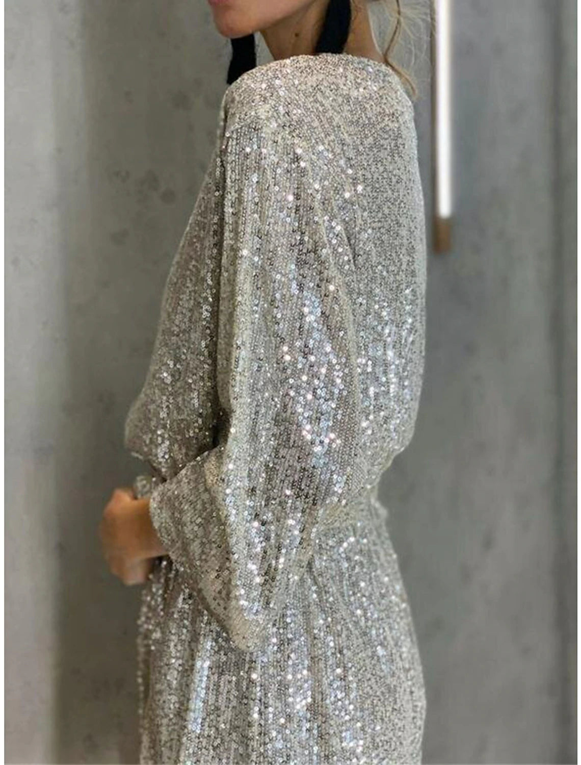 Women‘s Sequin Dress Party Dress Sparkly Dress Black Dress Homecoming Cocktail Dress Mini Dress Silver White Long Sleeve Sparkly Glitter Lace up Winter Dress