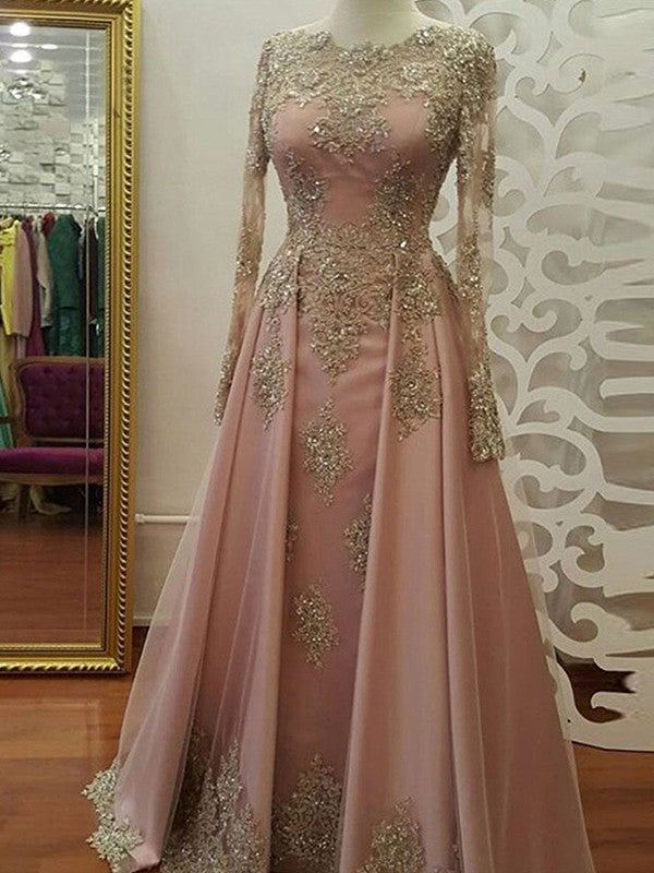 A-Line/Princess Long Sleeves Scoop Floor-Length Applique Tulle Muslim Dresses