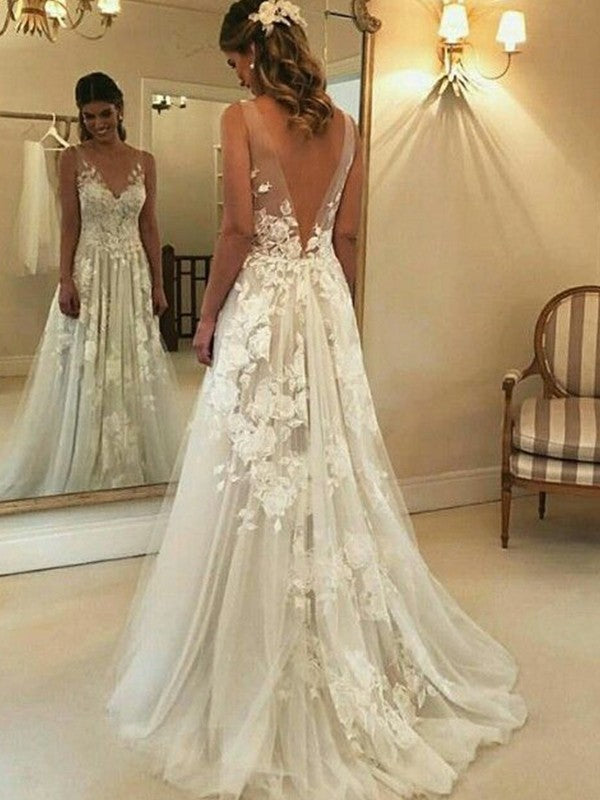 A-Line/Princess Off-the-Shoulder Sleeveless Sweep/Brush Train Ruffles Satin Wedding Dresses