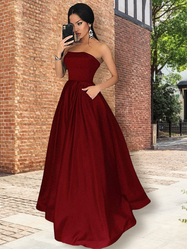 A-Line/Princess Strapless Sleeveless Floor-Length Ruffles Satin Dresses