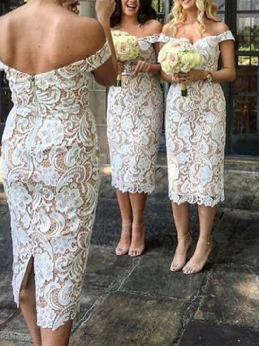 Sheath/Column Lace Applique Off-the-Shoulder Sleeveless Tea-Length Bridesmaid Dresses