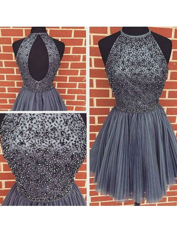 A-Line/Princess Sleeveless Scoop Beading Tulle Short/Mini Dresses
