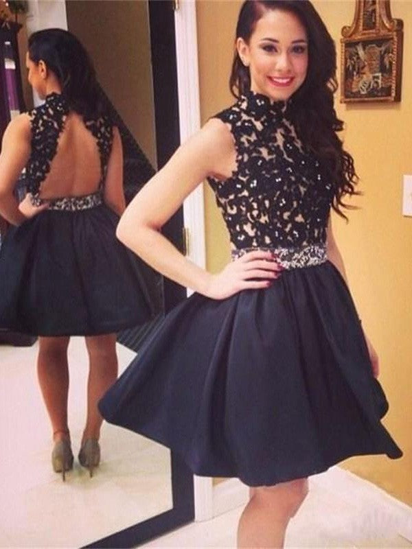 A-Line/Princess Sleeveless High Neck Satin Lace Short/Mini Dresses