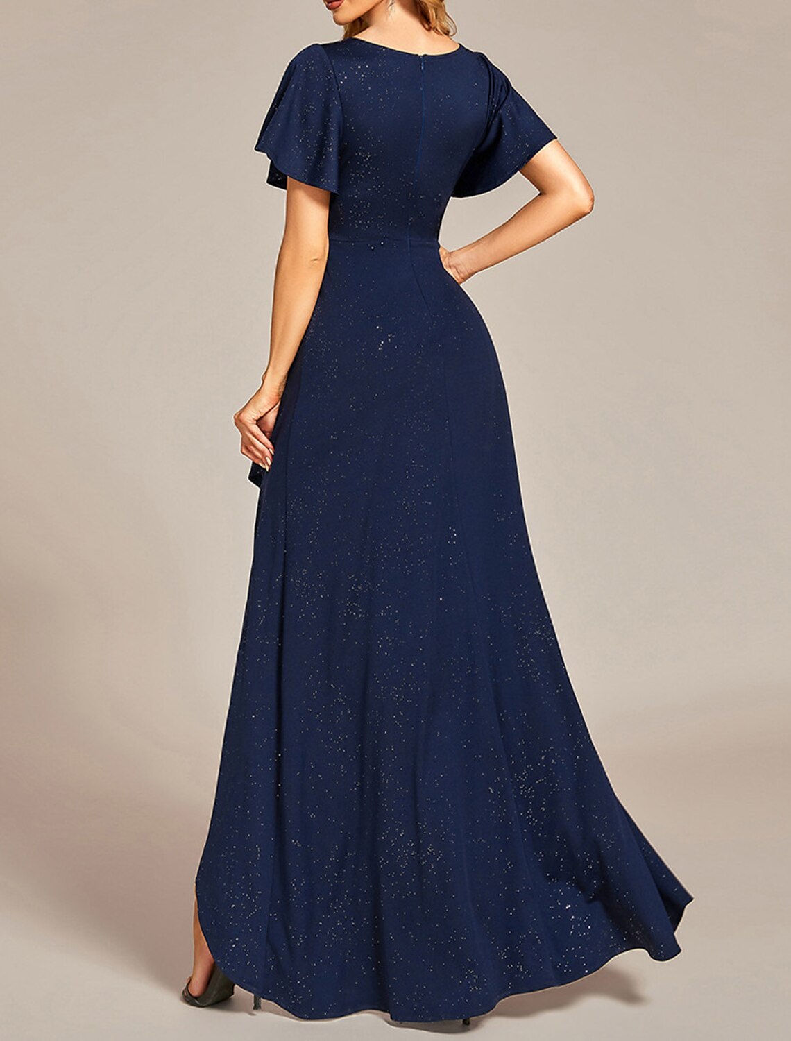 A-Line Wedding Guest Dresses Glittering Dress Party Wear Prom Sweep / Brush Train Short Sleeve V Neck Polyester with Glitter Slit