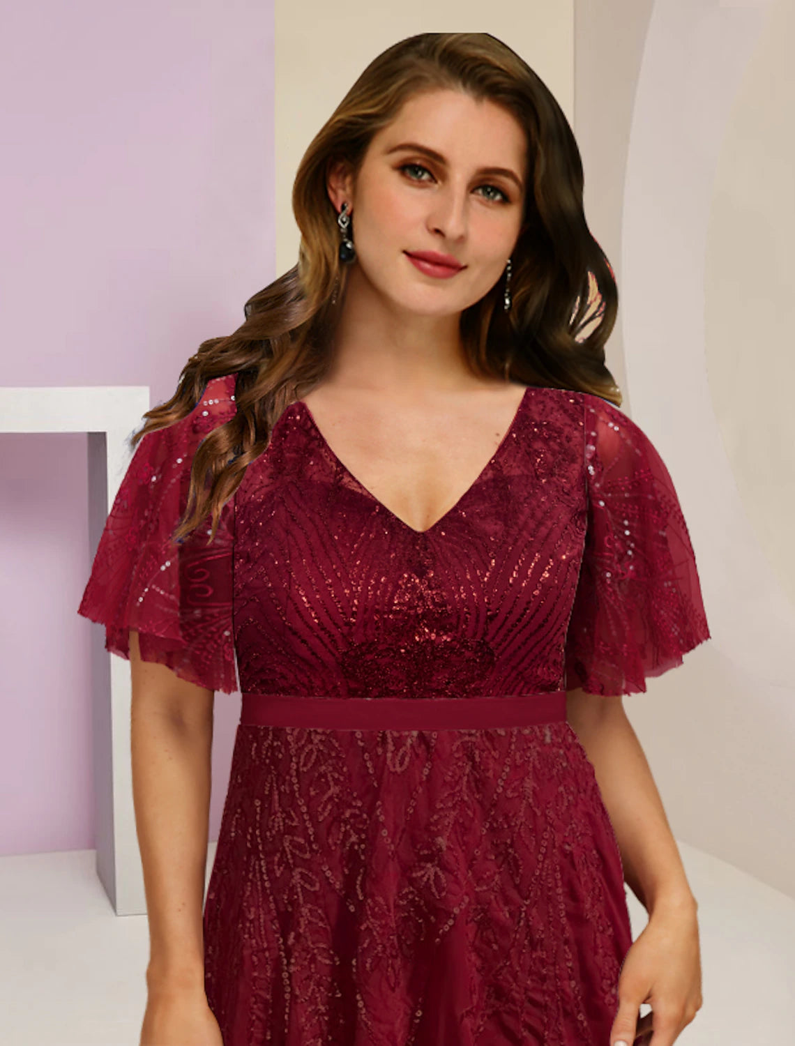 Plus Size Curve Mother of the Bride Dress Wedding Guest Elegant Sparkle & Shine V Neck Floor Length Chiffon Lace Sequined Short Sleeve with Pleats Split