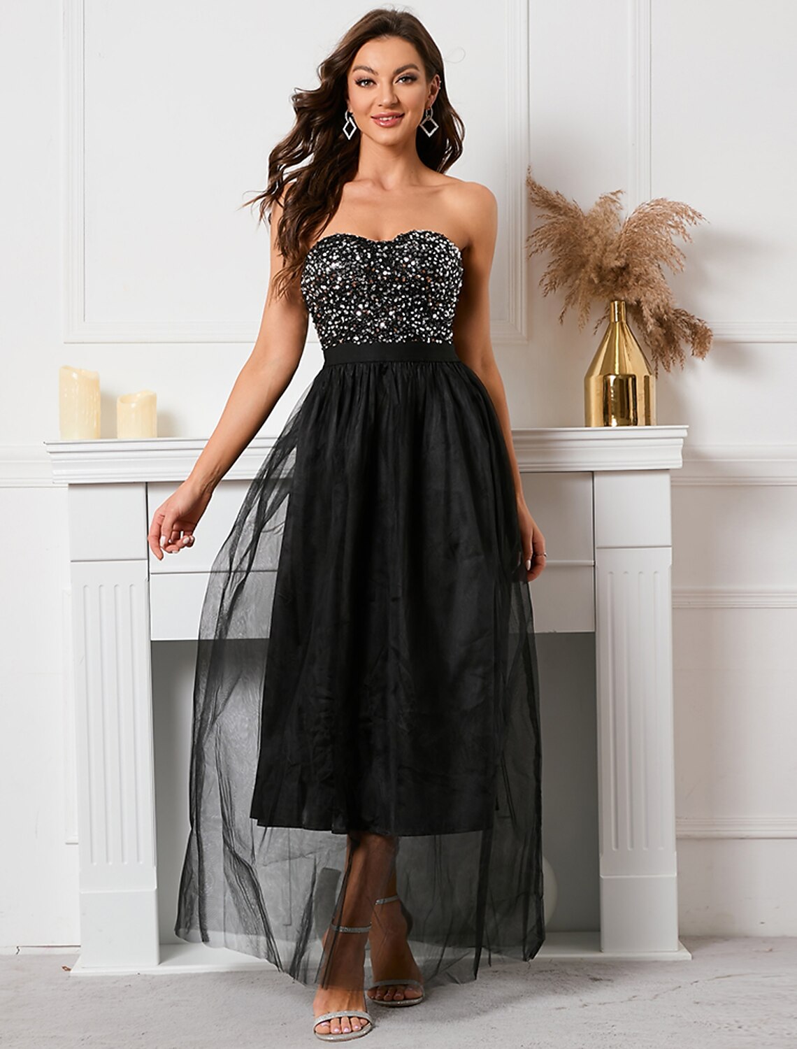 A-Line Party Dresses Sparkle & Shine Dress Holiday Floor Length Sleeveless Strapless Sequined with Sequin