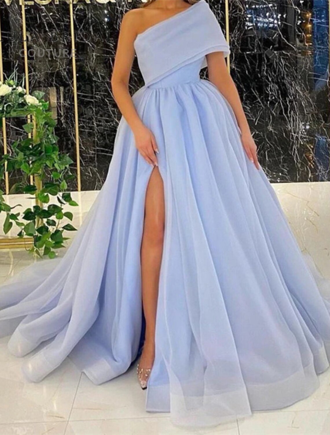 Ball Gown Evening Gown Celebrity Style Dress Wedding Guest Birthday Court Train Sleeveless One Shoulder Wednesday Addams Family Organza with Slit Pure Color