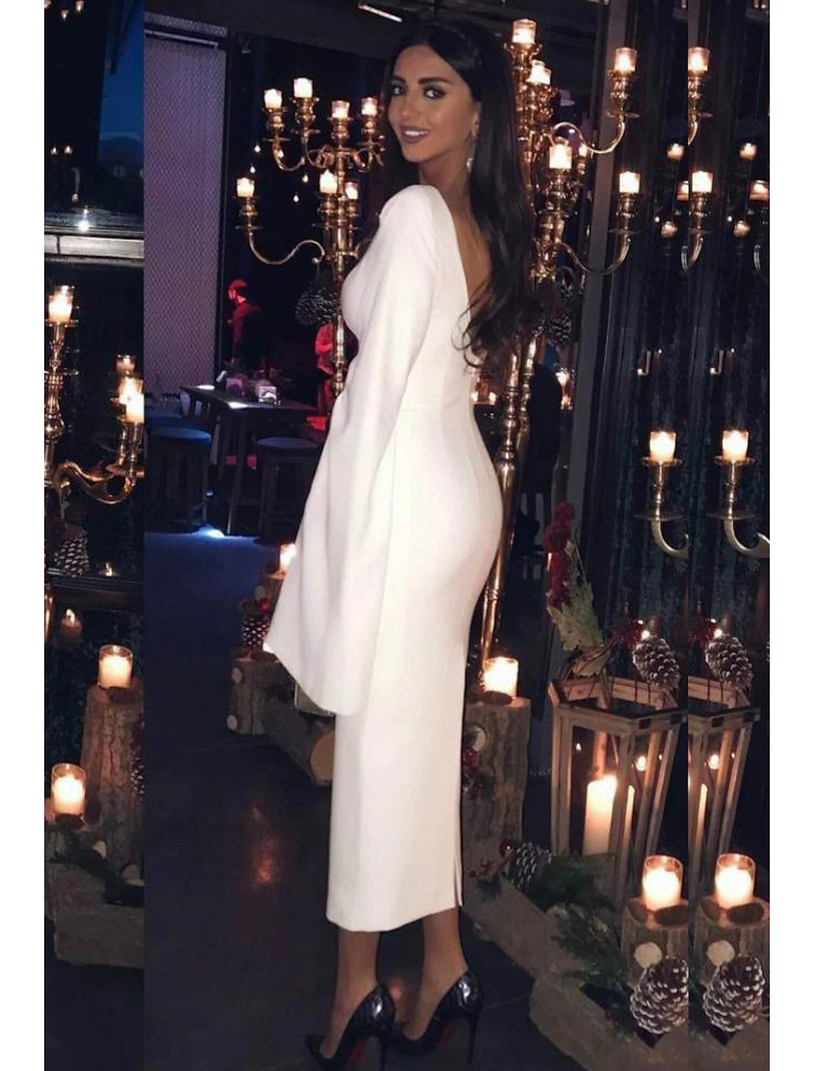 Sheath / Column Cocktail Dresses Party Dress Holiday Tea Length Long Sleeve Jewel Neck Fall Wedding Guest Jersey Backless with Sleek Pure Color