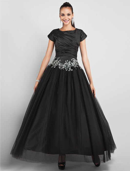 Ball Gown Little Black Dress Dress Prom Formal Evening Ankle Length Short Sleeve Jewel Neck Taffeta with Appliques Side Draping