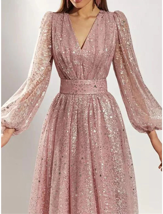 Women's Sequin Dress Party Dress Homecoming Dress Midi Dress Light Pink Pink Blue Long Sleeve Pure Color Sequins Spring Fall Winter V Neck Fashion Winter Dress Wedding Guest Birthday