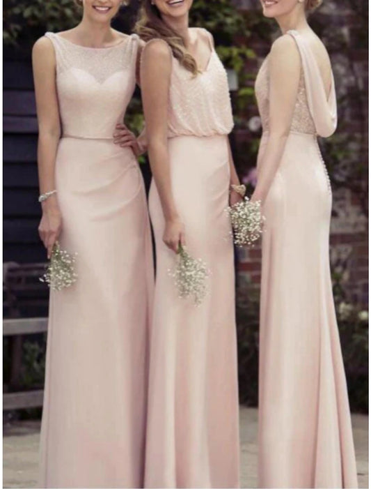 A-Line Bridesmaid Dress Scoop Neck / V Neck Sleeveless Elegant Floor Length Chiffon with Sequin / Ruching