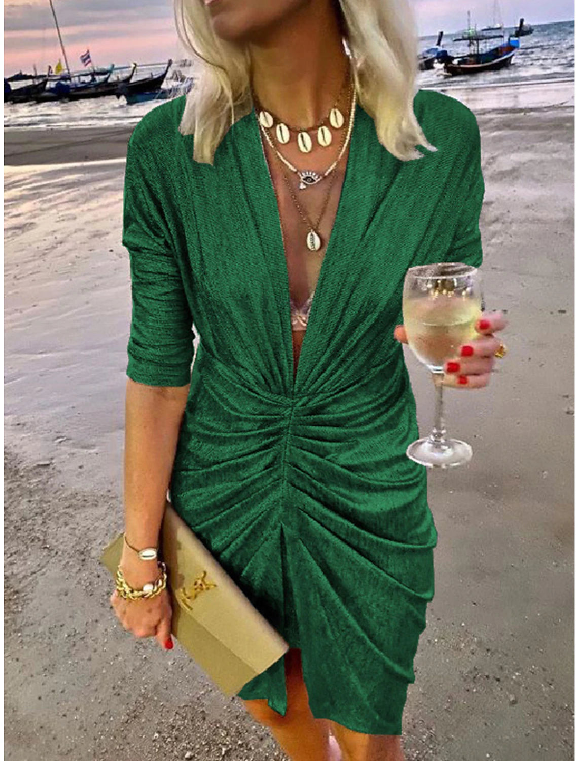 Women's Party Dress Homecoming Dress Wedding Guest Dress Mini Dress Wine Gold Green Half Sleeve Pure Color Ruched Spring Fall Winter V Neck Fashion Winter Dress Wedding Guest Evening Party