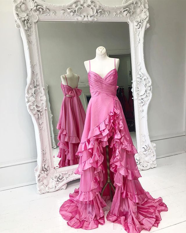 Asymmetrical Prom Dresses A Line Spaghetti Straps Satin With Bow