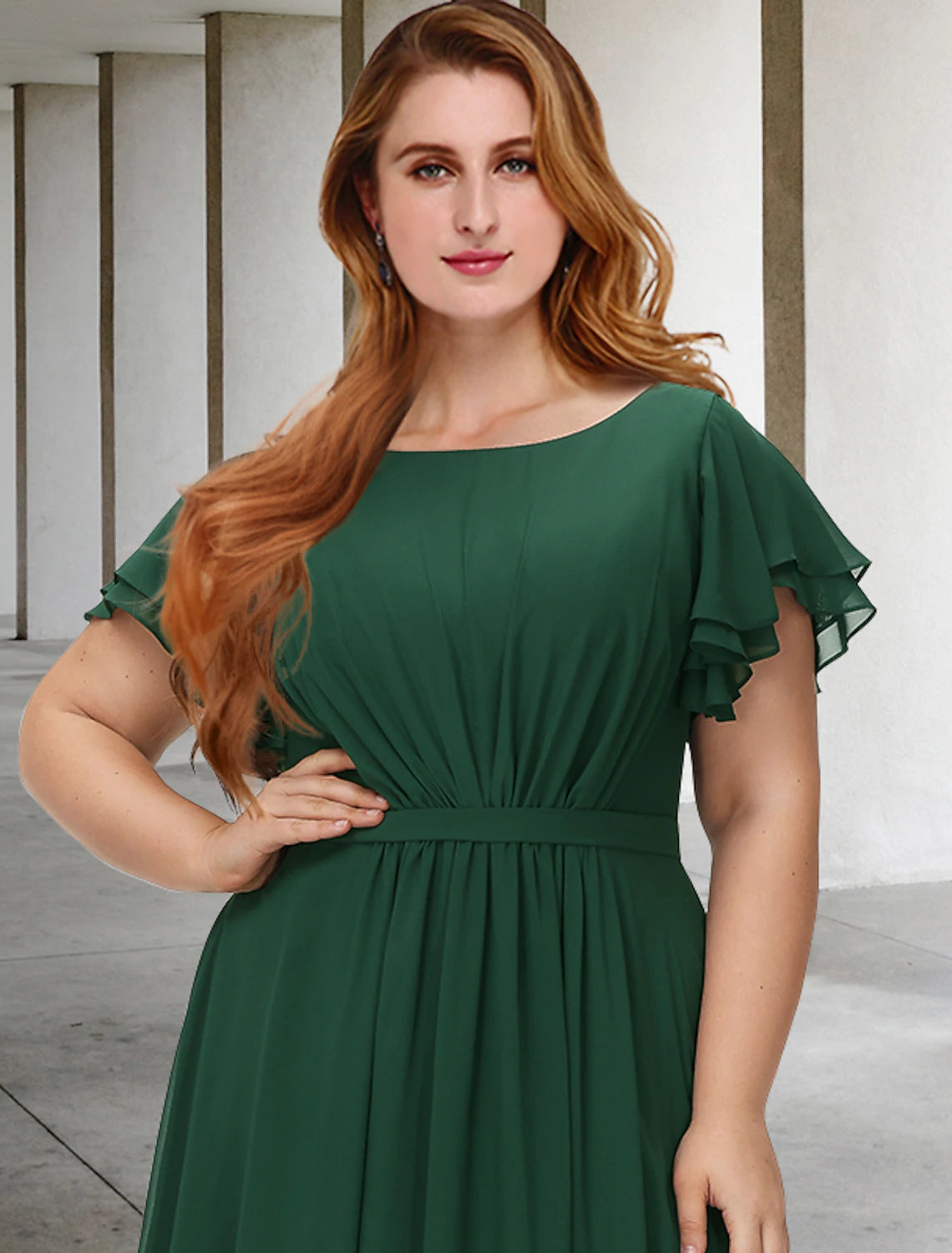 A-Line Plus Size Curve Mother of the Bride Dresses Elegant Dress Formal Floor Length Short Sleeve Jewel Neck Chiffon with Pleats