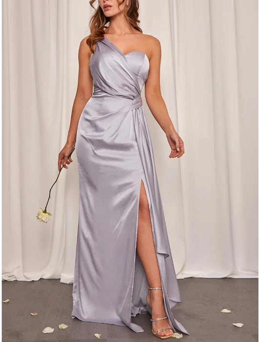 Sheath / Column Bridesmaid Dress One Shoulder Sleeveless Elegant Sweep / Brush Train Stretch Satin with Split Front / Ruching