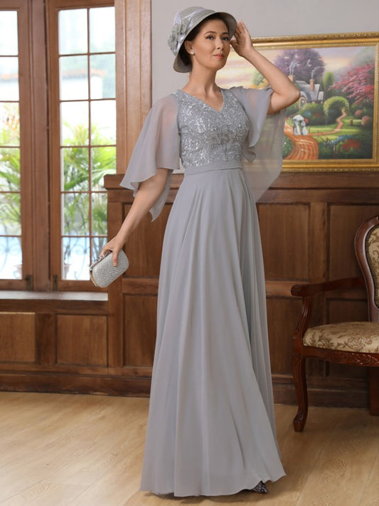 A-Line/Princess Chiffon Applique V-neck 1/2 Sleeves Floor-Length Mother of the Bride Dresses