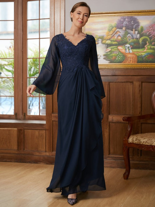 A-Line/Princess Chiffon Applique V-neck Long Sleeves Floor-Length Mother of the Bride Dresses