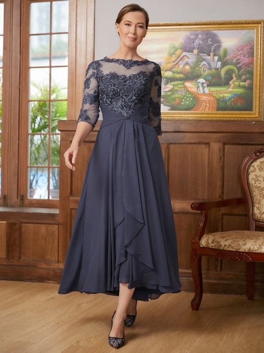 A-Line/Princess Chiffon Applique Scoop 3/4 Sleeves Asymmetrical Mother of the Bride Dresses
